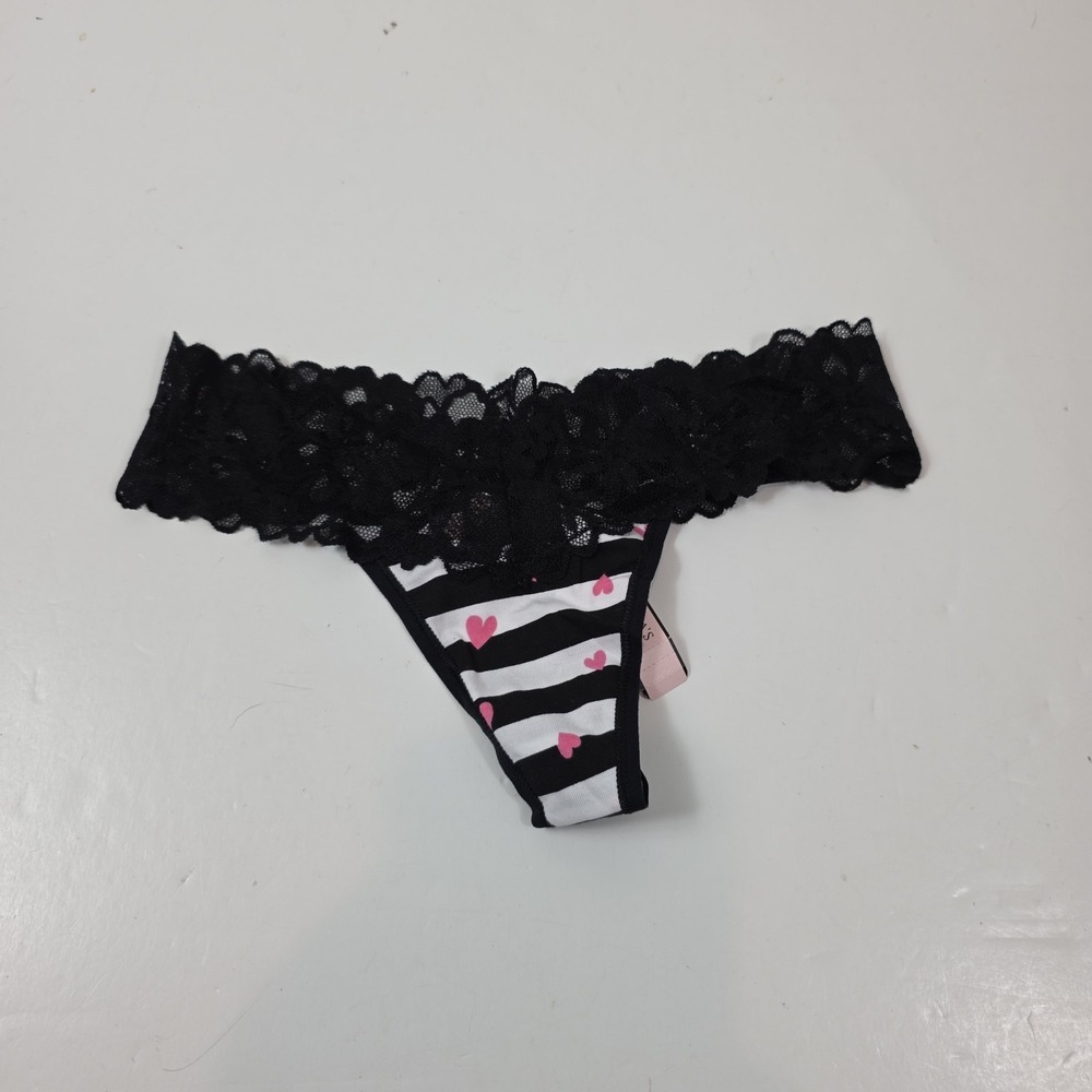 Victoria's Secret women's thong black white stripe heart lace XS - Picture 1 of 4